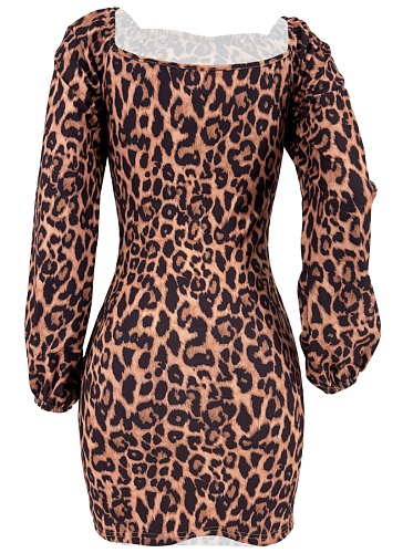 Sexy Square Neck Leopard Print Long Sleeve Dress For Women