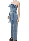 Women's Bandeau Slim Fit Elastic Washed Denim Wide Leg Jumpsuit