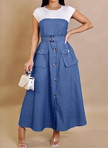 Elegant Denim Patchwork Contrast Color Pocket Dress For Women