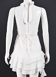 Apricot V-Neck Hollow Hanging Neck Tie Backless Dress For Women