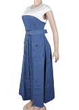 Elegant Denim Patchwork Contrast Color Pocket Dress For Women