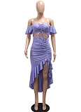 Strapless One-Shoulder Top With Slit Irregular Ruffle Skirt Solid Color Two-Piece Set