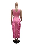 Sexy V-Neck Sleeveless Hollow Ruffle Solid Color Slit Dress For Women