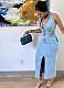 Blue Fashion Sexy Sleeveless Lapel Slit Denim Dress