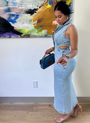 Blue Fashion Sexy Sleeveless Lapel Slit Denim Dress