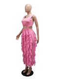 Sexy V-Neck Sleeveless Hollow Ruffle Solid Color Slit Dress For Women