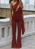 New Style Personalized Fashion Sports Leisure Oblique Shoulder Ribbon Slim Jumpsuit