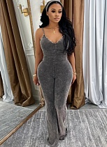 Women'S Washed V-Neck Denim Jumpsuit With Suspenders
