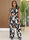 New Fashion Sexy Printed Lapel Top Wide Leg Pants Two-Piece Set