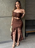 Strapless One-Shoulder Top With Slit Irregular Ruffle Skirt Solid Color Two-Piece Set