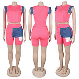 Women'S Denim Patchwork Short-Sleeved Top And Shorts Two-Piece Suit