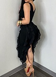 Sexy V-Neck Sleeveless Hollow Ruffle Solid Color Slit Dress For Women