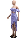 Strapless One-Shoulder Top With Slit Irregular Ruffle Skirt Solid Color Two-Piece Set