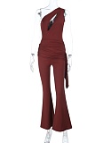 New Style Personalized Fashion Sports Leisure Oblique Shoulder Ribbon Slim Jumpsuit