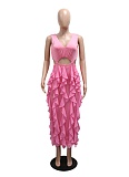 Sexy V-Neck Sleeveless Hollow Ruffle Solid Color Slit Dress For Women