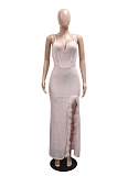 Sexy Suspenders V-Neck Feather Edge Slit Dress For Women