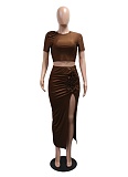 Fashion Round Neck Short Sleeve Top Slit Pleated Skirt Two Piece Suit For Women