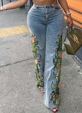 Street Fashion Floral Hhigh-elasticity Pants Washed Denim XINH-80625