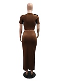 Fashion Round Neck Short Sleeve Top Slit Pleated Skirt Two Piece Suit For Women