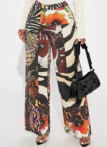 New Summer Floral Leopard Print Loose Straight Trousers