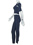 Fashion One-Shoulder Solid Color Oblique Collar Tie Top Tight Pants Two-Piece Suit For Women