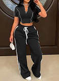 Fashion Casual Zipper Short-Sleeved Top Loose Trousers Two-Piece Set