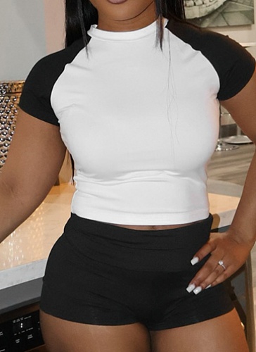 Contrast Color Round Neck Belly-Baring Short-Sleeved Top Tight Shorts Two-Piece Set