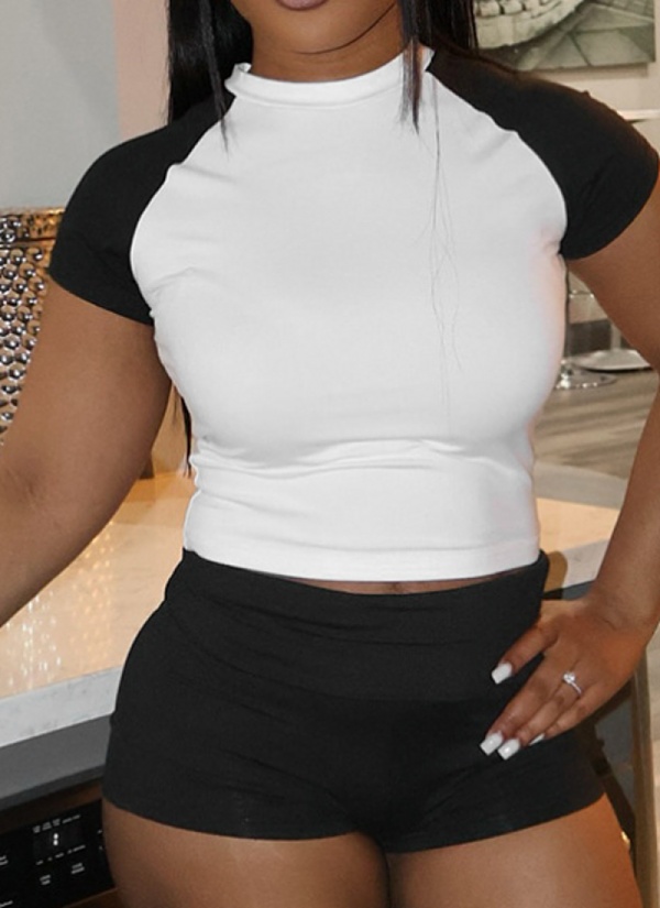 Contrast Color Round Neck Belly-Baring Short-Sleeved Top Tight Shorts Two-Piece Set