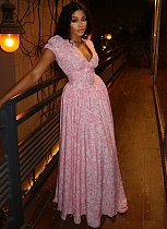 Women'S Printed Elegant Pleated V-Neck Temperament Puff Sleeve Dress