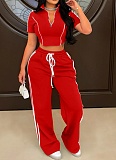 Fashion Casual Zipper Short-Sleeved Top Loose Trousers Two-Piece Set