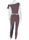 Fashion One-Shoulder Solid Color Oblique Collar Tie Top Tight Pants Two-Piece Suit For Women