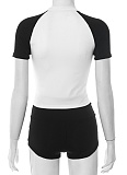 Contrast Color Round Neck Belly-Baring Short-Sleeved Top Tight Shorts Two-Piece Set