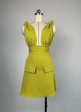 Summer New Temperament V-Neck High Waist Fake Pocket A-Line Suspender Dress For Women