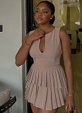 Summer Fresh Sweet Fashion V-Neck Sleeveless Top High Waist Pleated A-Line Skirt Two-Piece Suit