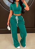 Fashion Casual Zipper Short-Sleeved Top Loose Trousers Two-Piece Set