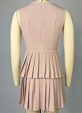 Summer Fresh Sweet Fashion V-Neck Sleeveless Top High Waist Pleated A-Line Skirt Two-Piece Suit