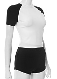 Contrast Color Round Neck Belly-Baring Short-Sleeved Top Tight Shorts Two-Piece Set