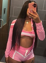 Fashion Women'S Printed Long Sleeve Halter Neck Wrap Chest Tie Shorts Sports Three-Piece Suit CH-25032