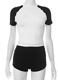 Contrast Color Round Neck Belly-Baring Short-Sleeved Top Tight Shorts Two-Piece Set