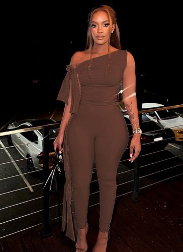 Fashion One-Shoulder Solid Color Oblique Collar Tie Top Tight Pants Two-Piece Suit For Women