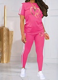 Love Heart Printed Round Neck Top Trousers Fashion Casual Women'S Two-Piece Set