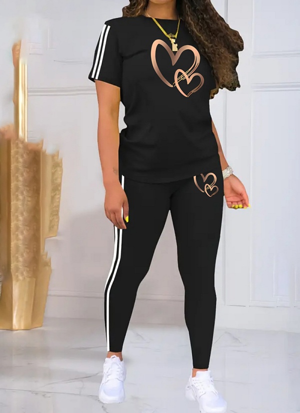 Love Heart Printed Round Neck Top Trousers Fashion Casual Women'S Two-Piece Set