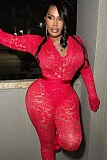 Sexy Lace Hollow Deep V See-Through Long-Sleeved Top And Long Pants Two-Piece Set