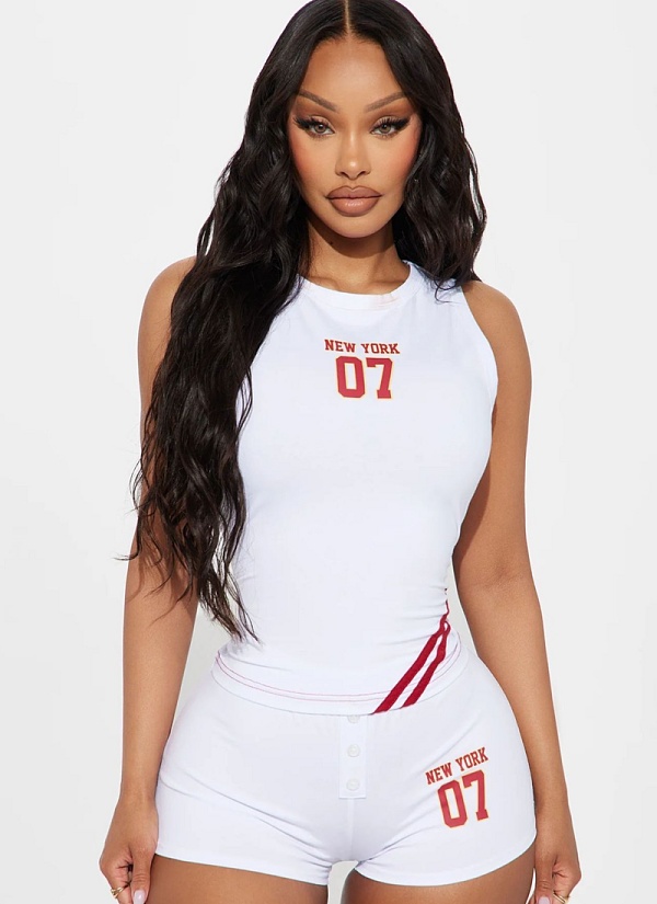 Women'S White Navel-Baring Short Printed Vest Waist Shorts Two-Piece Suit