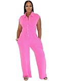 Casual Solid Color Buckle Turndown Collar Regular Jumpsuits