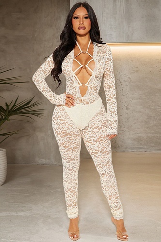 Spring and Summer Lace Chest Ring Tie Cross Zipper Jumpsuit