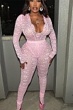 Sexy Lace Hollow Deep V See-Through Long-Sleeved Top And Long Pants Two-Piece Set