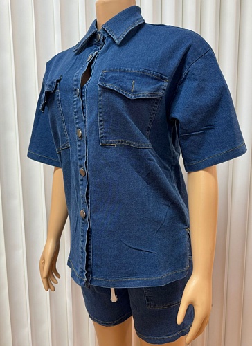 New Fashion Pocket Button Short Sleeve Shirt Shorts Denim Two-Piece Suit For Women