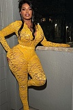 Sexy Lace Hollow Deep V See-Through Long-Sleeved Top And Long Pants Two-Piece Set