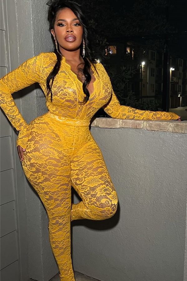 Sexy Lace Hollow Deep V See-Through Long-Sleeved Top And Long Pants Two-Piece Set